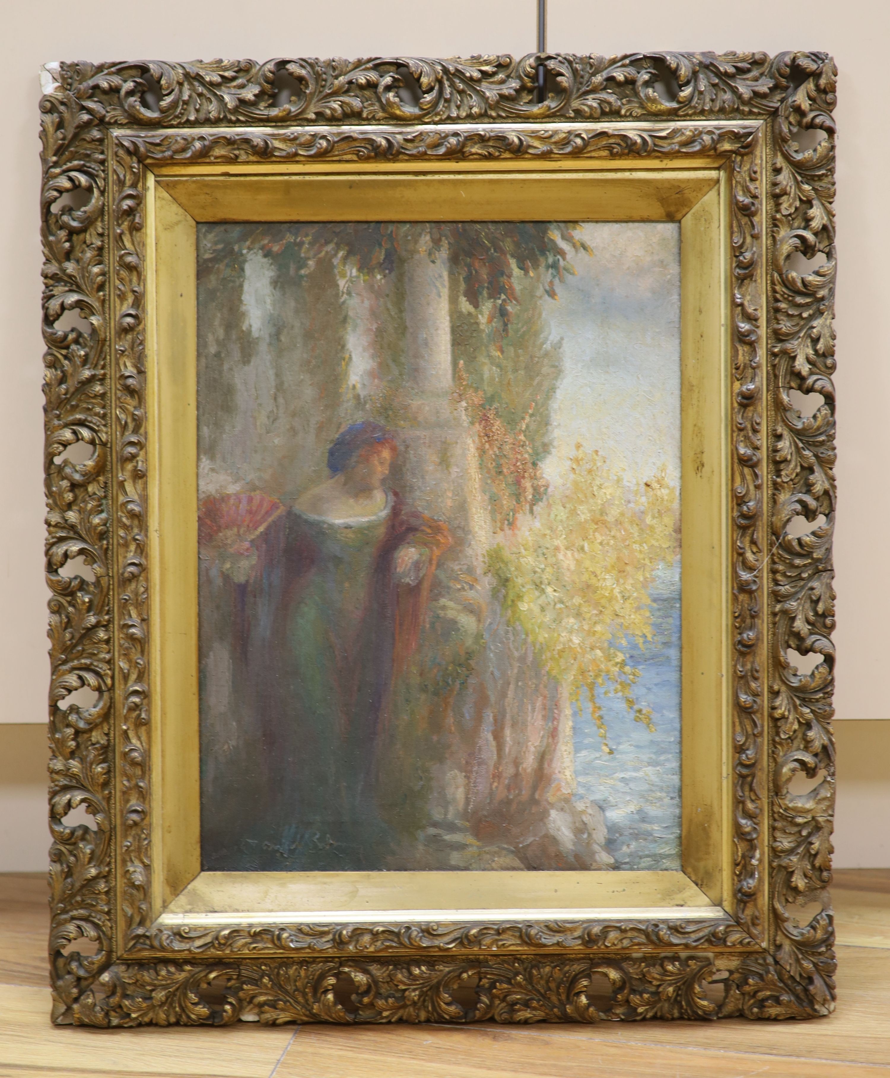 Italian School c.1900, oil on canvas, Woman holding a fan standing along the seashore, indistinctly signed, 40 x 30cm